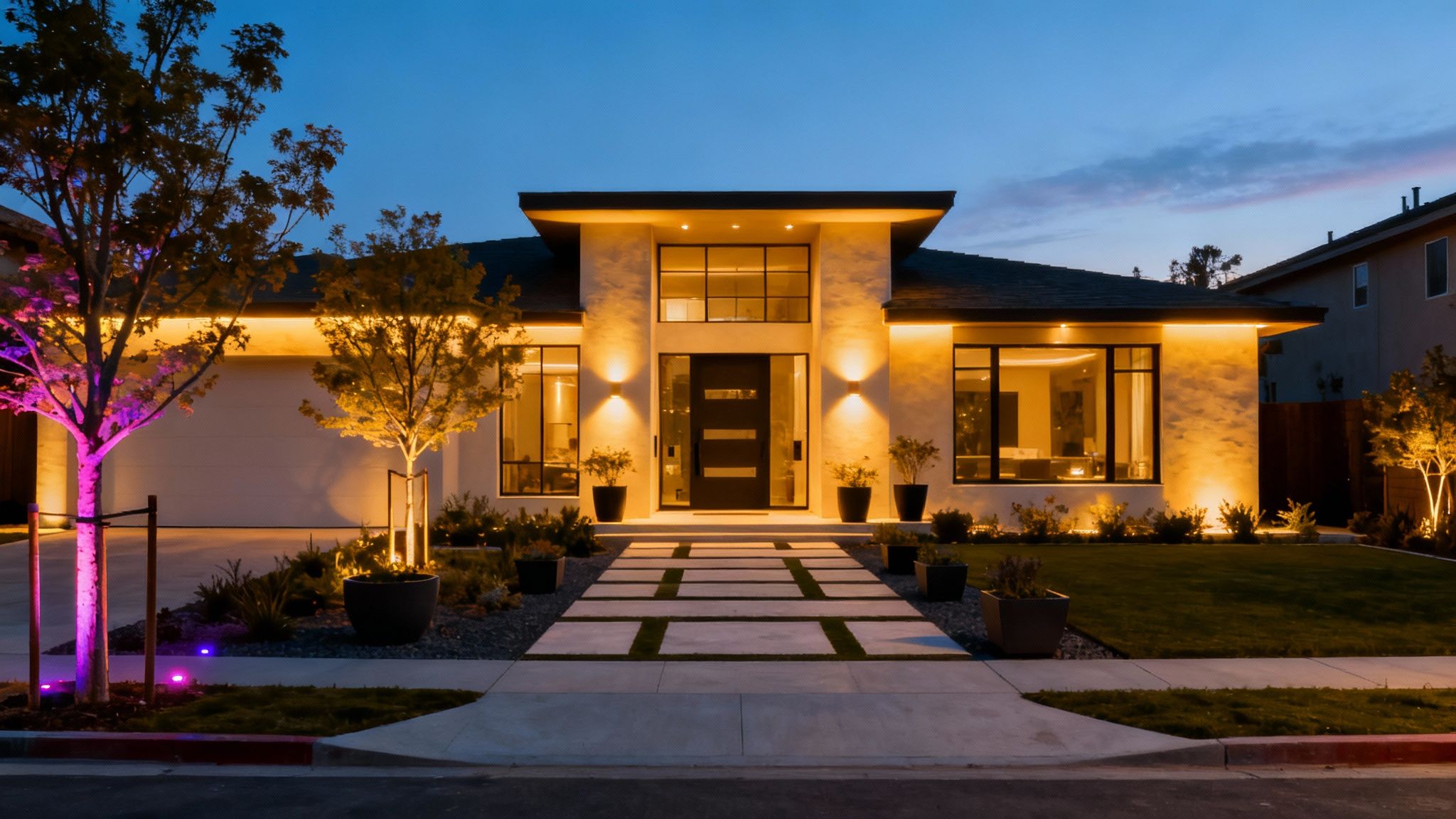 Modern luxury home exterior with smart outdoor lighting illuminating pathways and architectural features at dusk