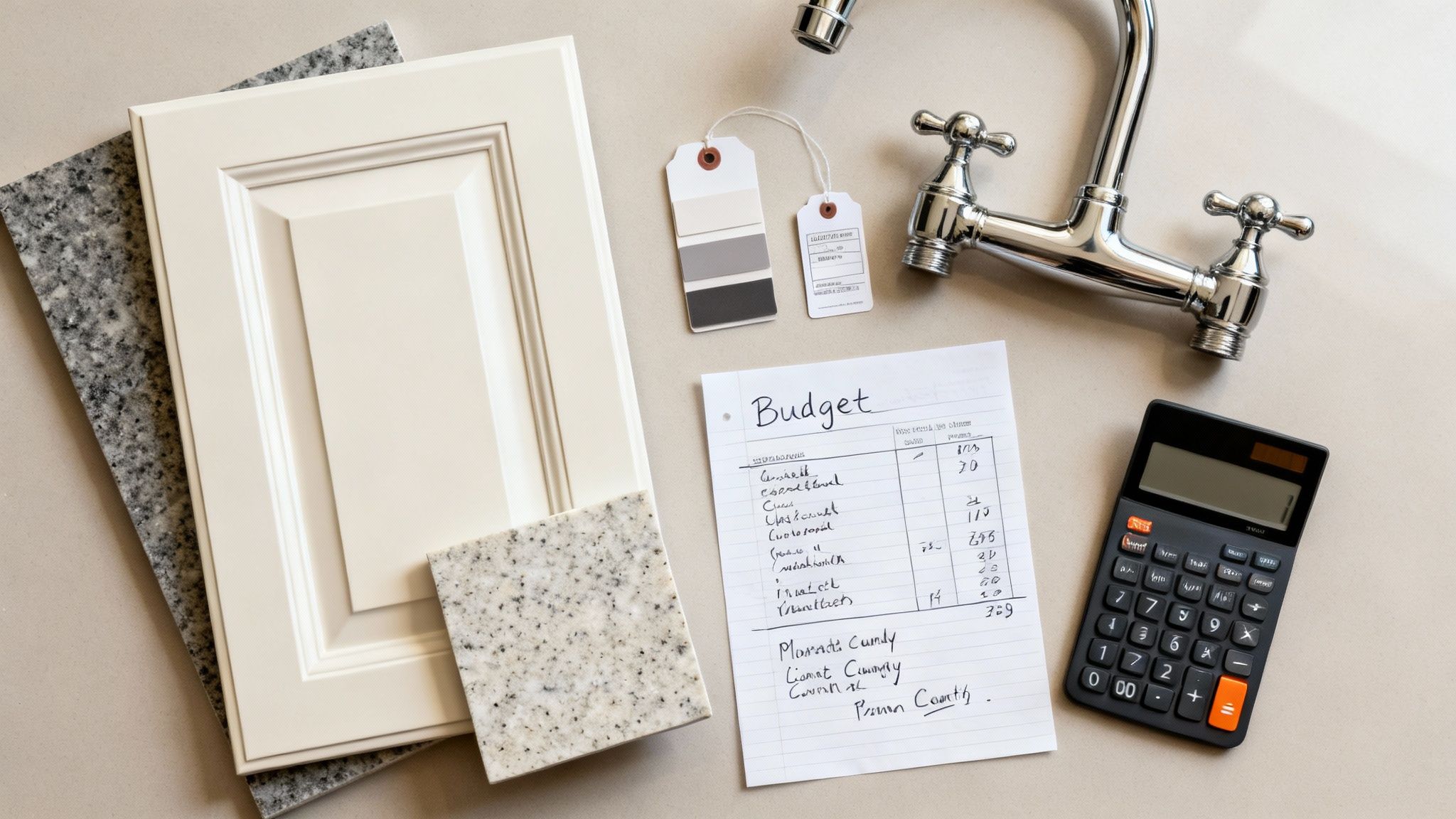 Flat lay of kitchen remodel items: cabinet, granite, faucet, budget sheet, and calculator.