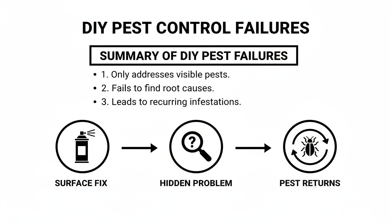 Infographic showing DIY pest control failures, from surface fixes to hidden problems and recurring pest infestations.