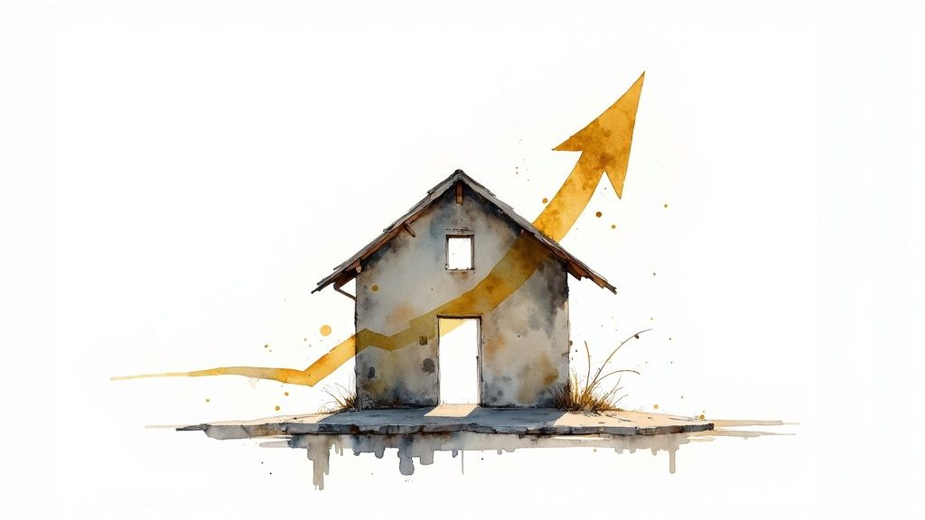 A watercolor painting of a house with a large golden arrow rising upwards, symbolizing increasing property value.