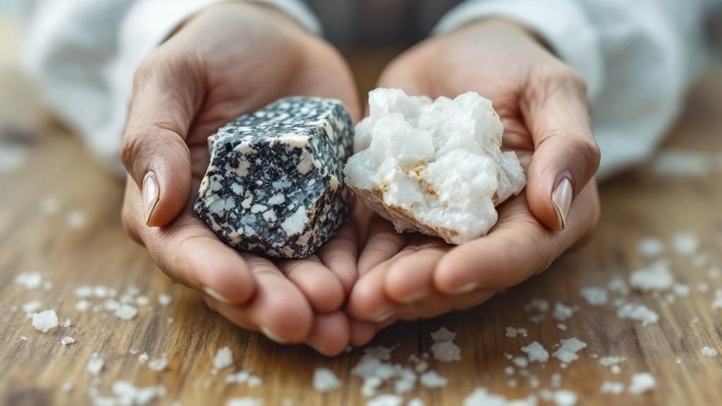 Close up view of granite, quartz, and porcelain countertops showing their unique textures and patterns.