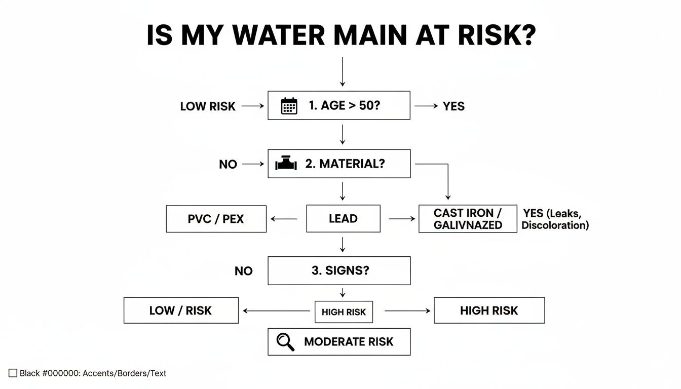 Flowchart assessing water main risk based on age, material (PVC, PEX, Lead, Cast Iron), and signs like leaks or discoloration.