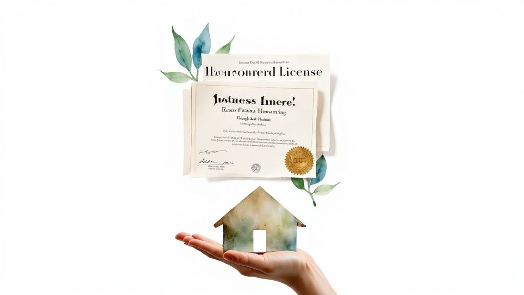 A hand holds a small watercolor house cutout, with licenses and green leaves floating above.