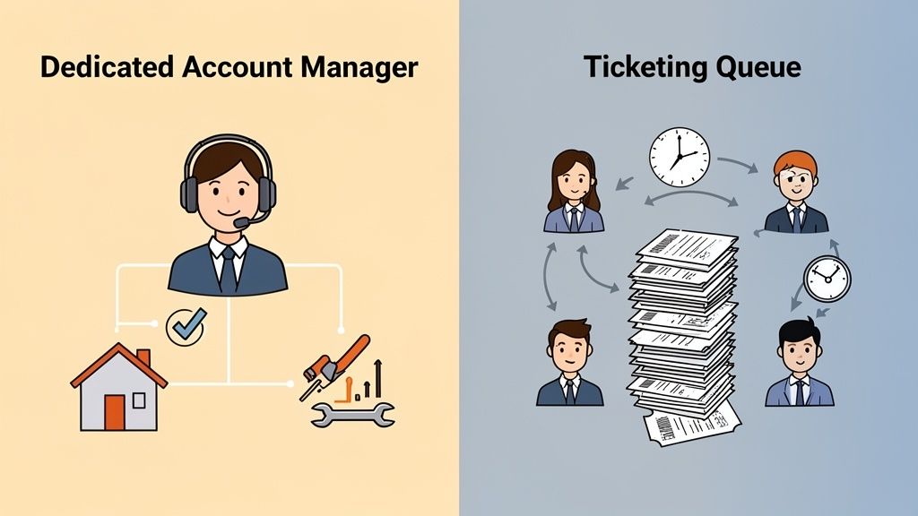 An illustration comparing a dedicated account manager providing direct service to a multi-person ticketing queue system.