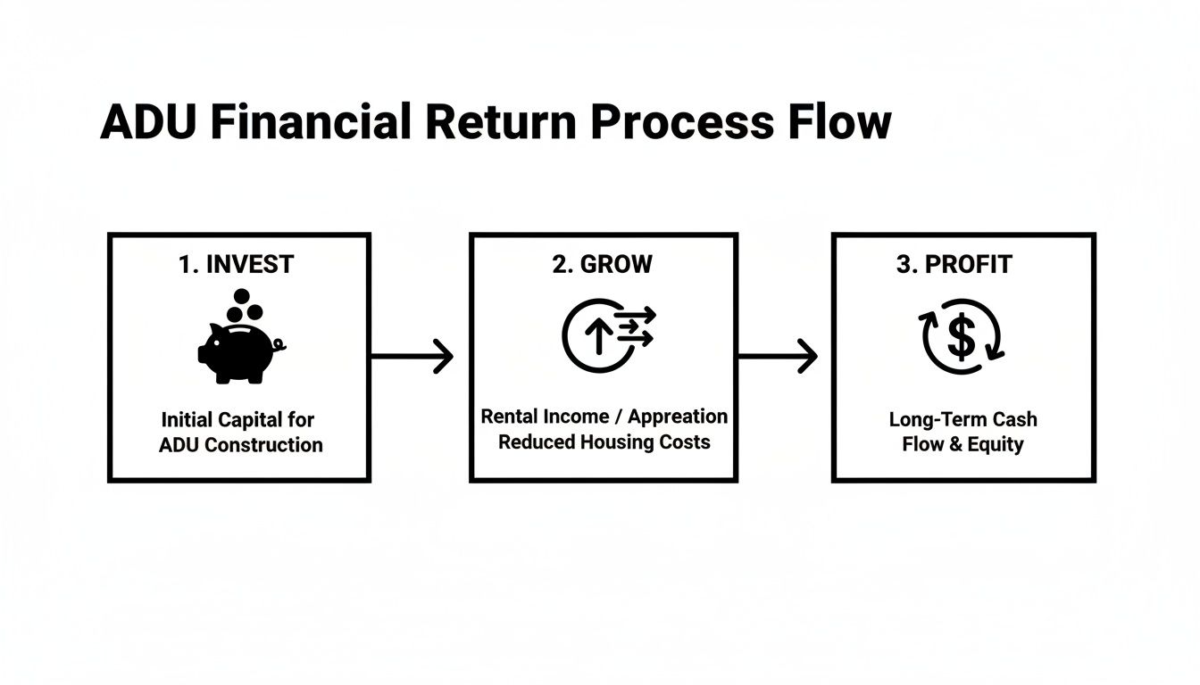 Diagram illustrating the three-step ADU financial return process: Invest, Grow, and Profit.