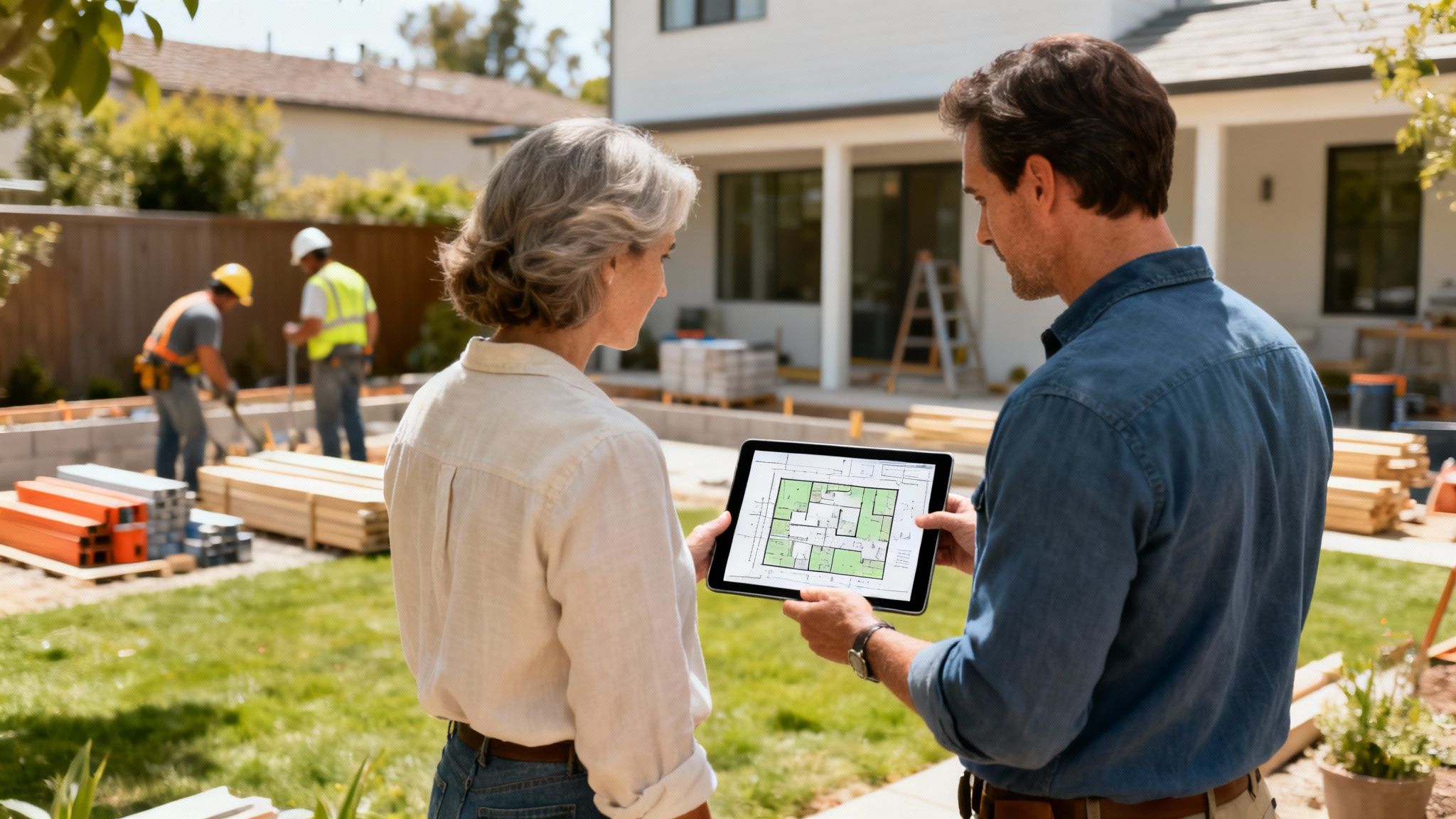 A couple reviews house plans on a tablet at a home construction site with workers.