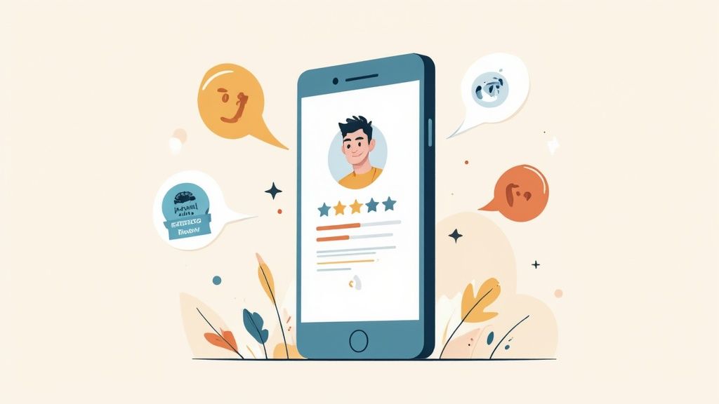 A smartphone displaying a user profile with ratings and text, surrounded by various speech bubbles.