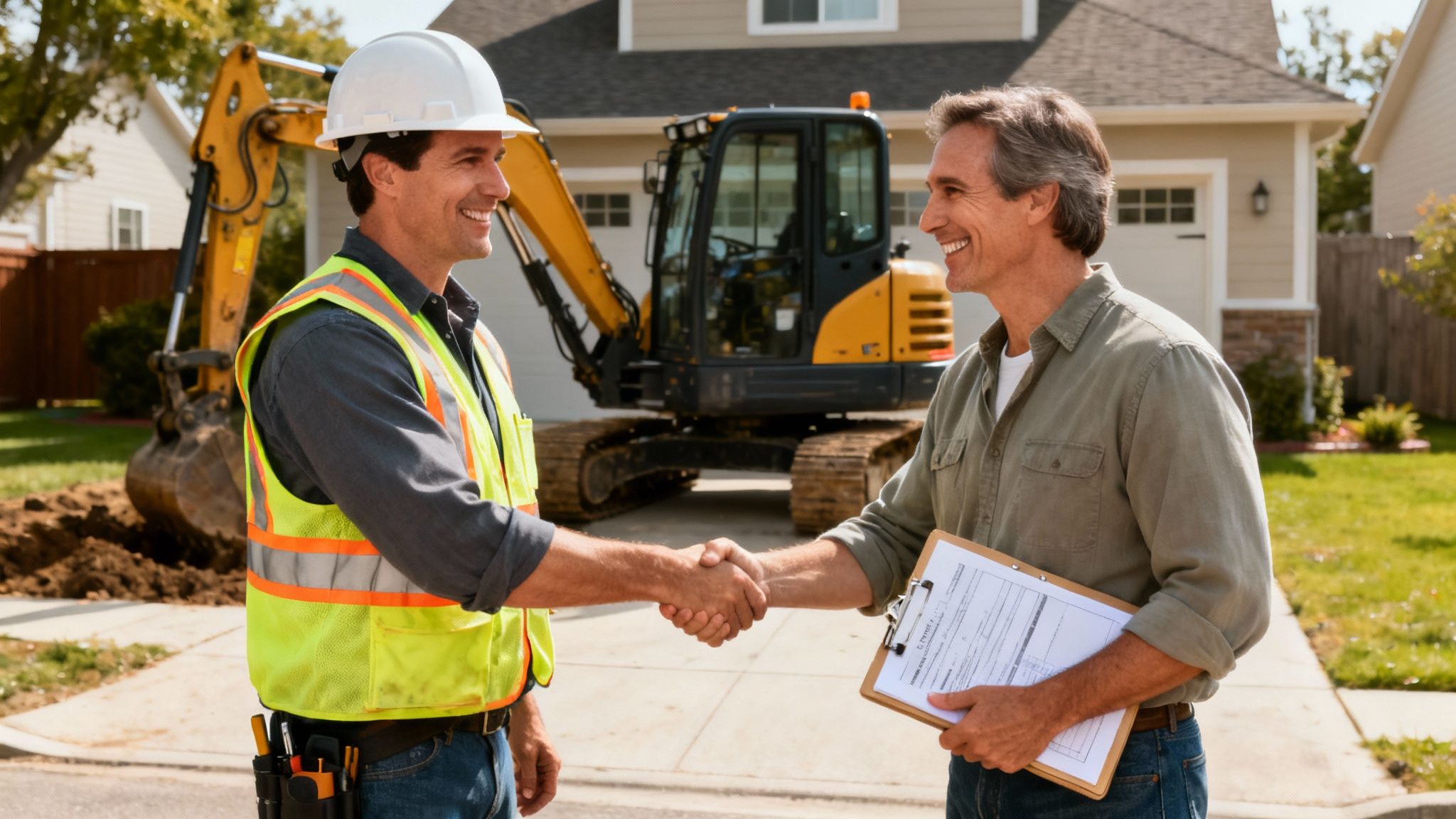 Two smiling men, a construction worker and a client, shake hands in front of an excavator.