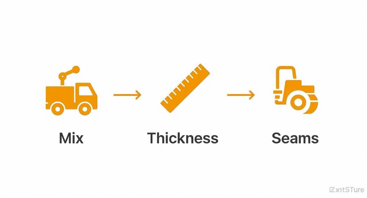 Diagram illustrating the paving process steps: mix, thickness, and seams, represented by construction vehicle icons.