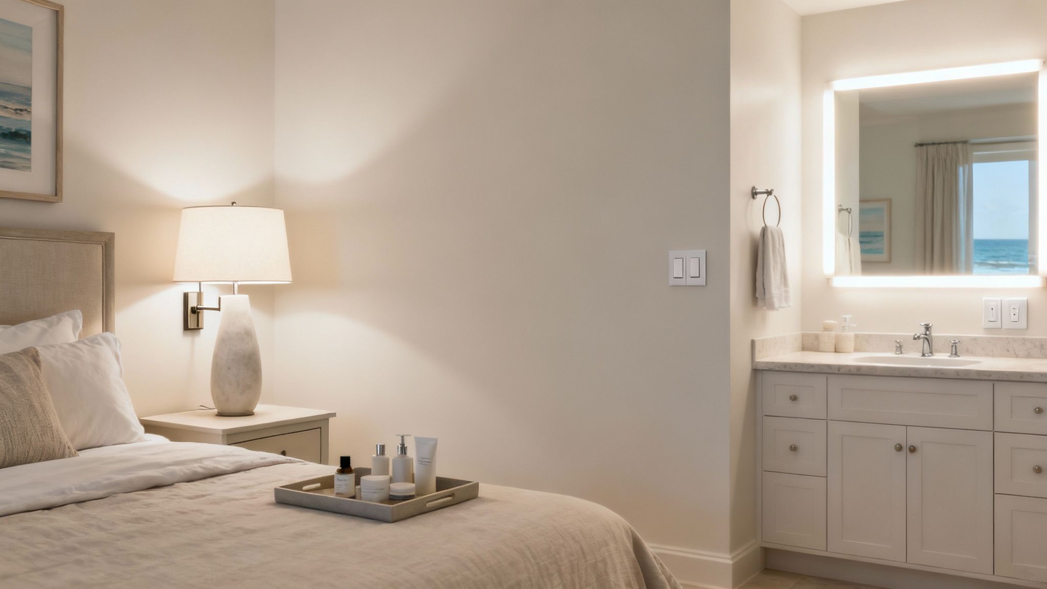 A comfortable guest bedroom with stylish bedside lamps and soft, warm lighting.