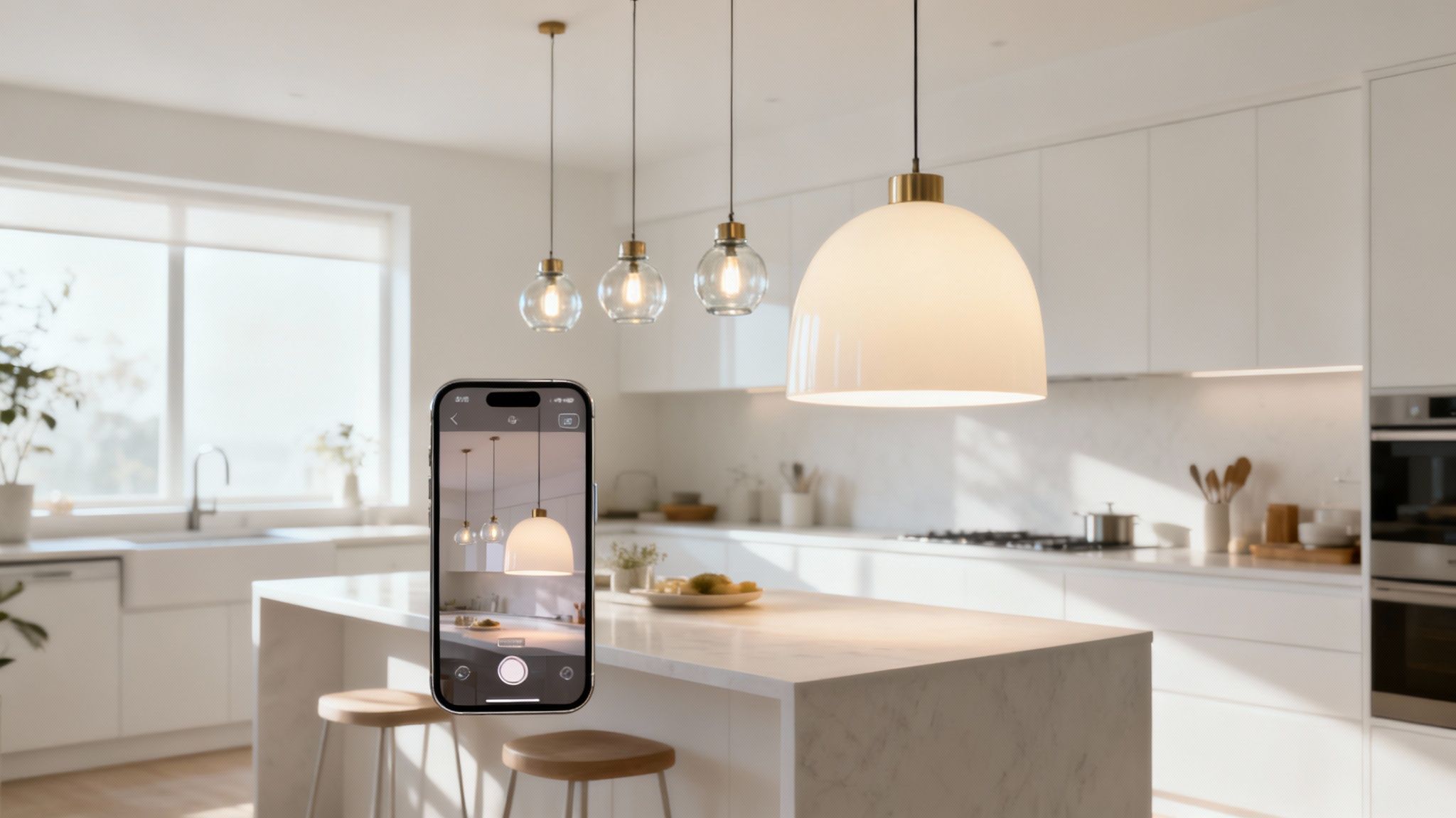 A person using a tablet to virtually place a lighting fixture in their living room.