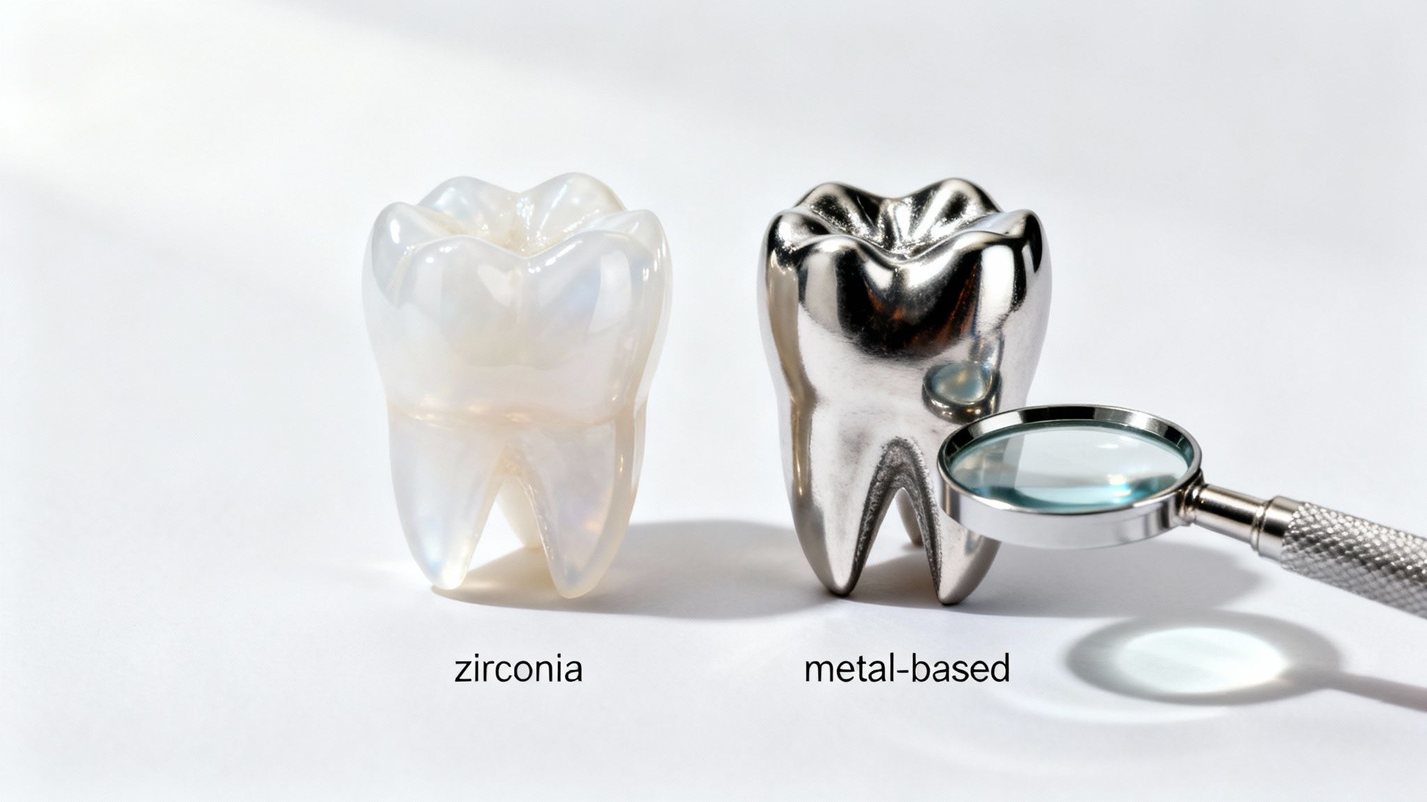 Two dental models, one white zirconia and one silver metal-based, side-by-side with a magnifying glass.
