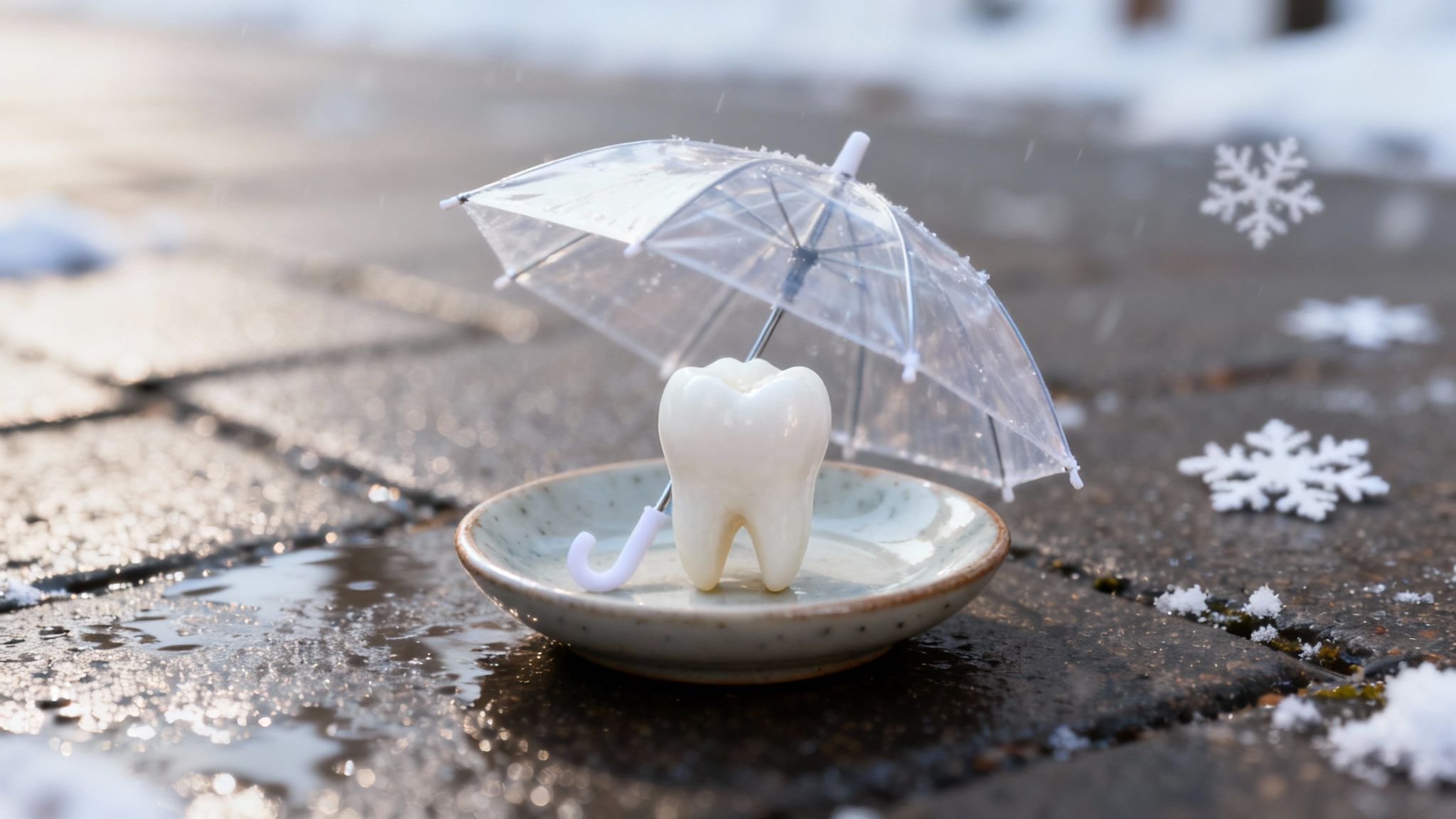 White tooth model under transparent umbrella on plate symbolizing dental protection and care