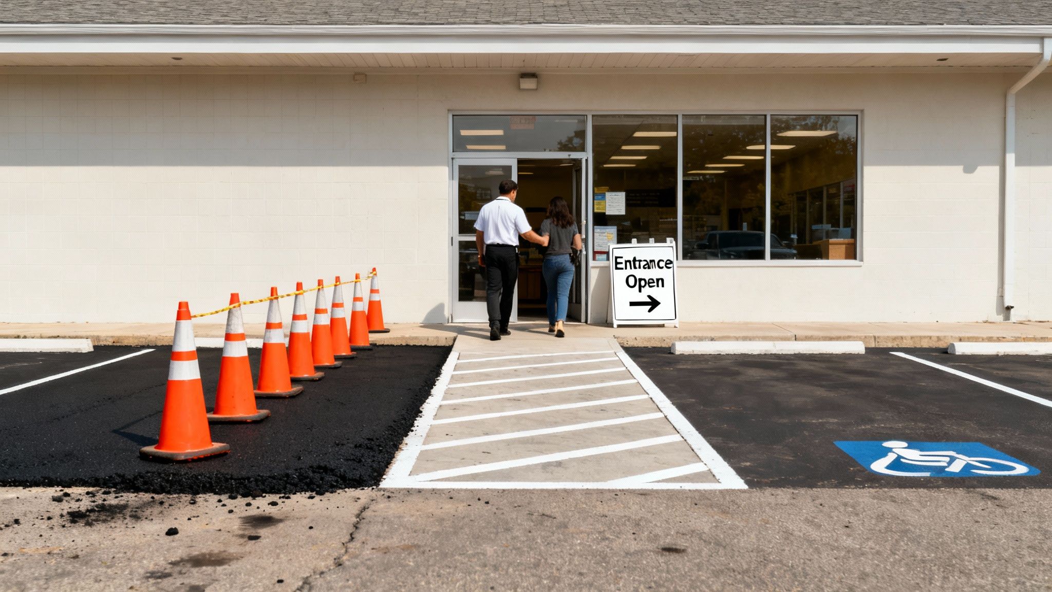 Two people walk into a building with an 'Entrance Open' sign, bypassing newly paved parking with cones.
