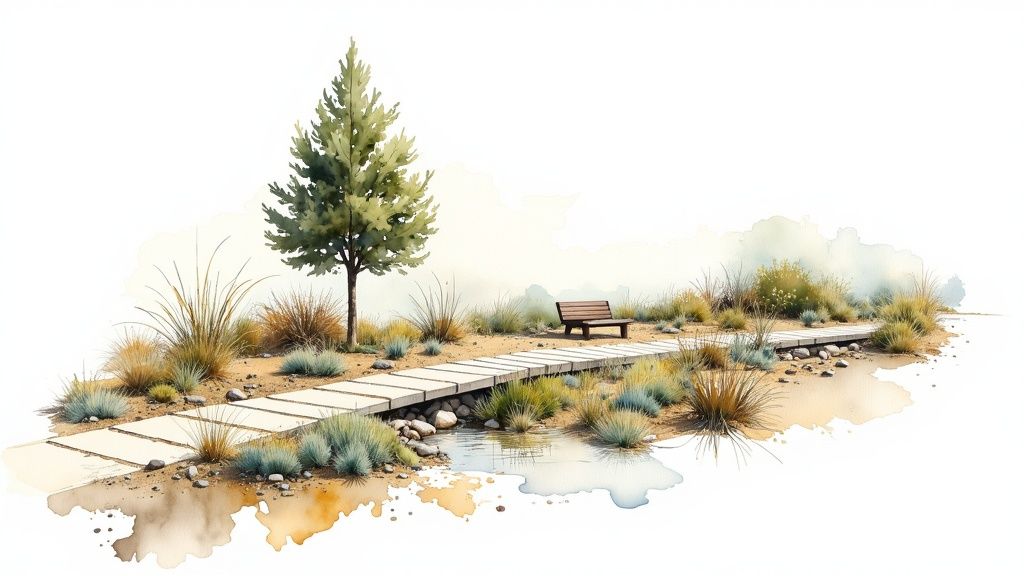 Artistic watercolor illustration of a tranquil, drought-smart landscape with a stepping stone path, bench, and tree.