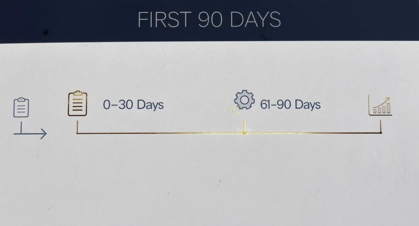 Timeline infographic showing first 90 days with property manager divided into three phases with icons