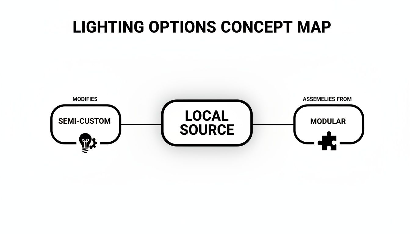A concept map showing 'Local Source' connected to 'Semi-Custom' (modifies) and 'Modular' (assemblies from) lighting options.