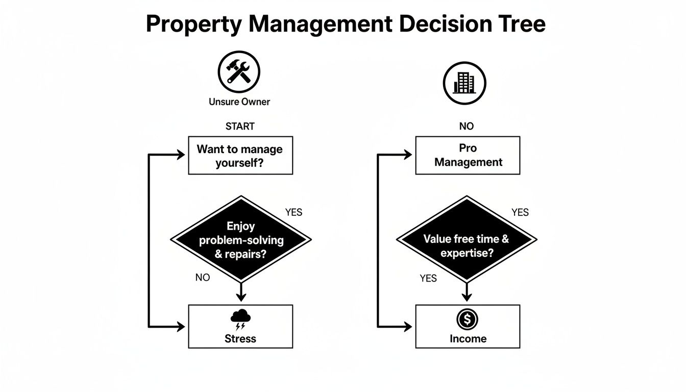 A property management decision tree flowchart guiding owners on choosing between self-management or professional services.