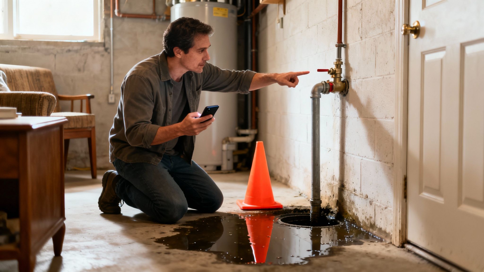 A man kneels in a flooded basement, pointing at a leaking pipe while holding a phone.