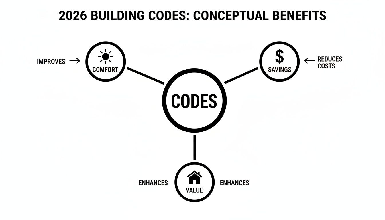 Conceptual diagram outlining the benefits of 2026 building codes: improved comfort, cost savings, and enhanced value.