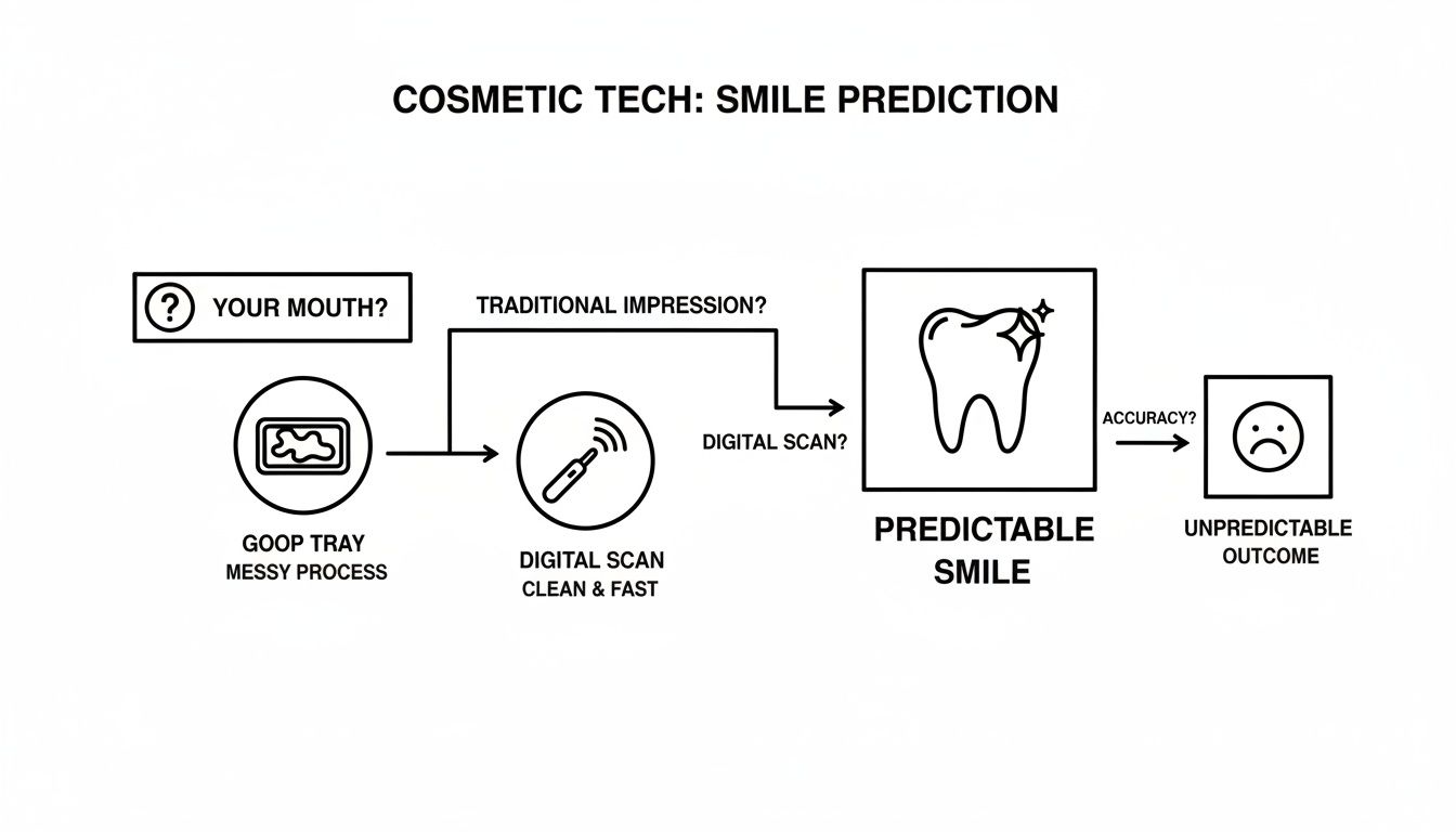 Flowchart comparing traditional goop tray and digital scan methods for cosmetic dental smile prediction.