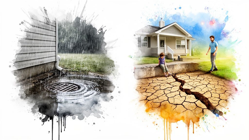 Two contrasting scenes depict extreme weather: heavy rain, flooding, and a dry, cracked landscape with a house.