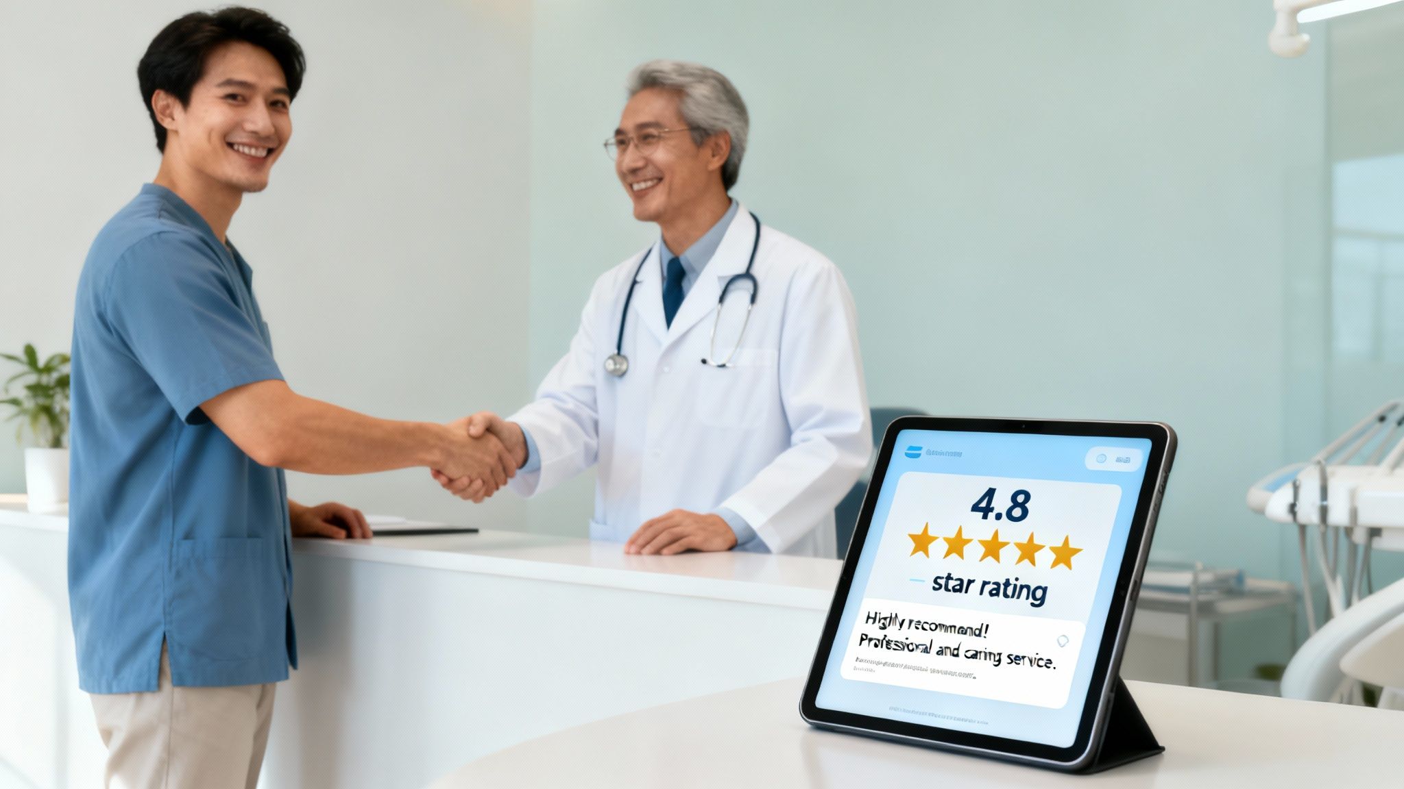 Two smiling male healthcare professionals, one younger and one older, shaking hands at a reception desk. A tablet displays a 4.8-star patient rating.
