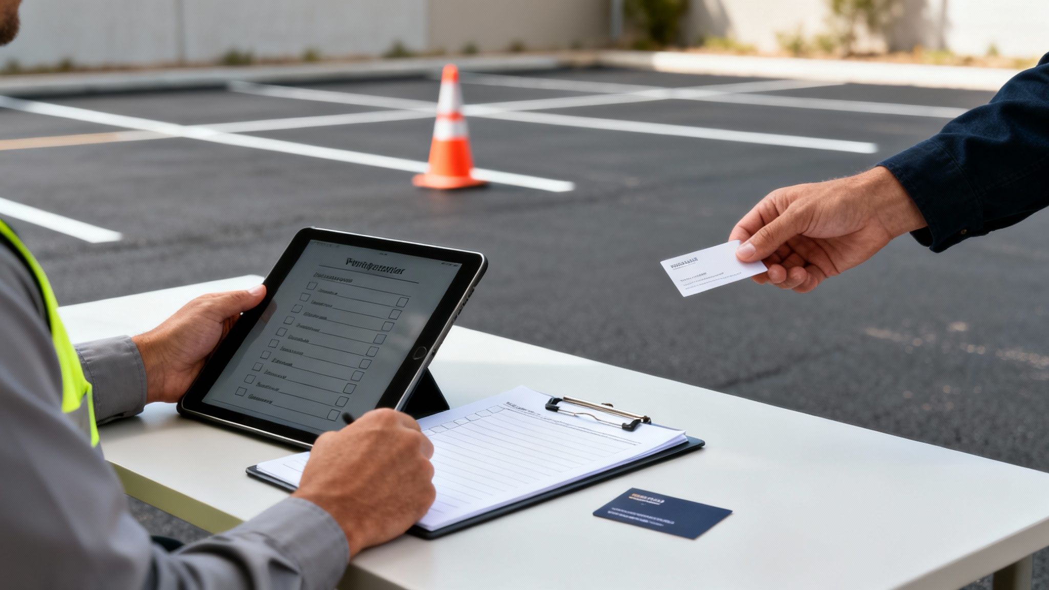 Two men exchanging business cards at a table in a paved parking lot with a tablet.