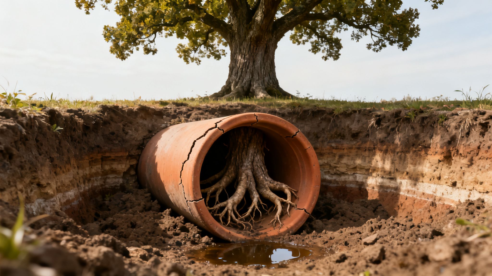 A large tree's roots have grown into and cracked a terracotta drain pipe in a dug trench, with a puddle of water.