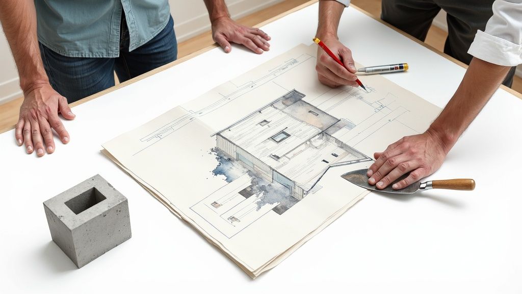 Architects review house plans, drawing with a pencil and holding a masonry trowel.