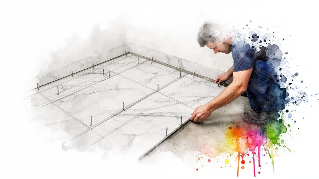 A man carefully installing marble-patterned floor tiles with leveling pegs, featuring a watercolor splash effect.