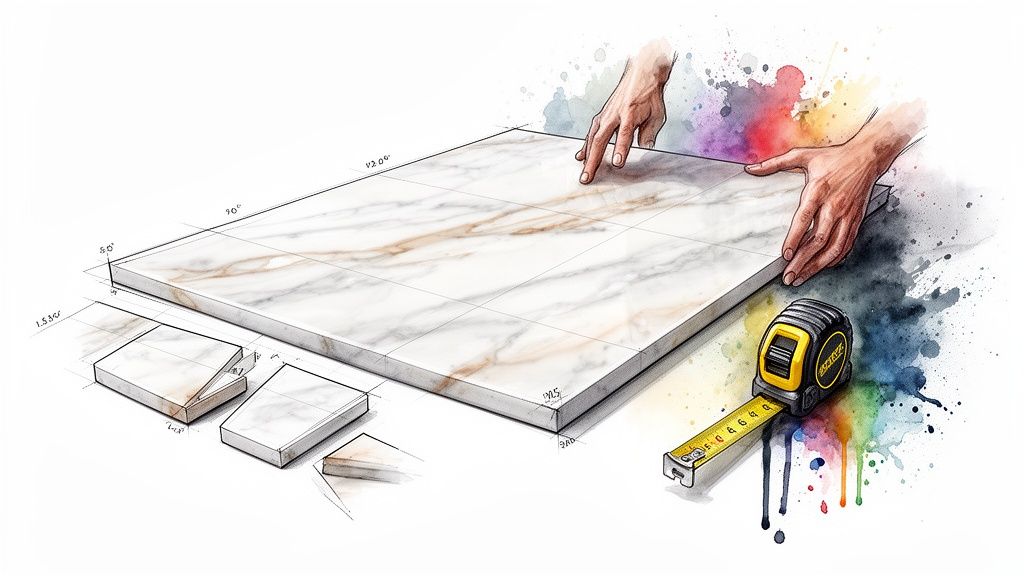 Detailed watercolor sketch of large format porcelain slab installation with measurements and a tape measure.