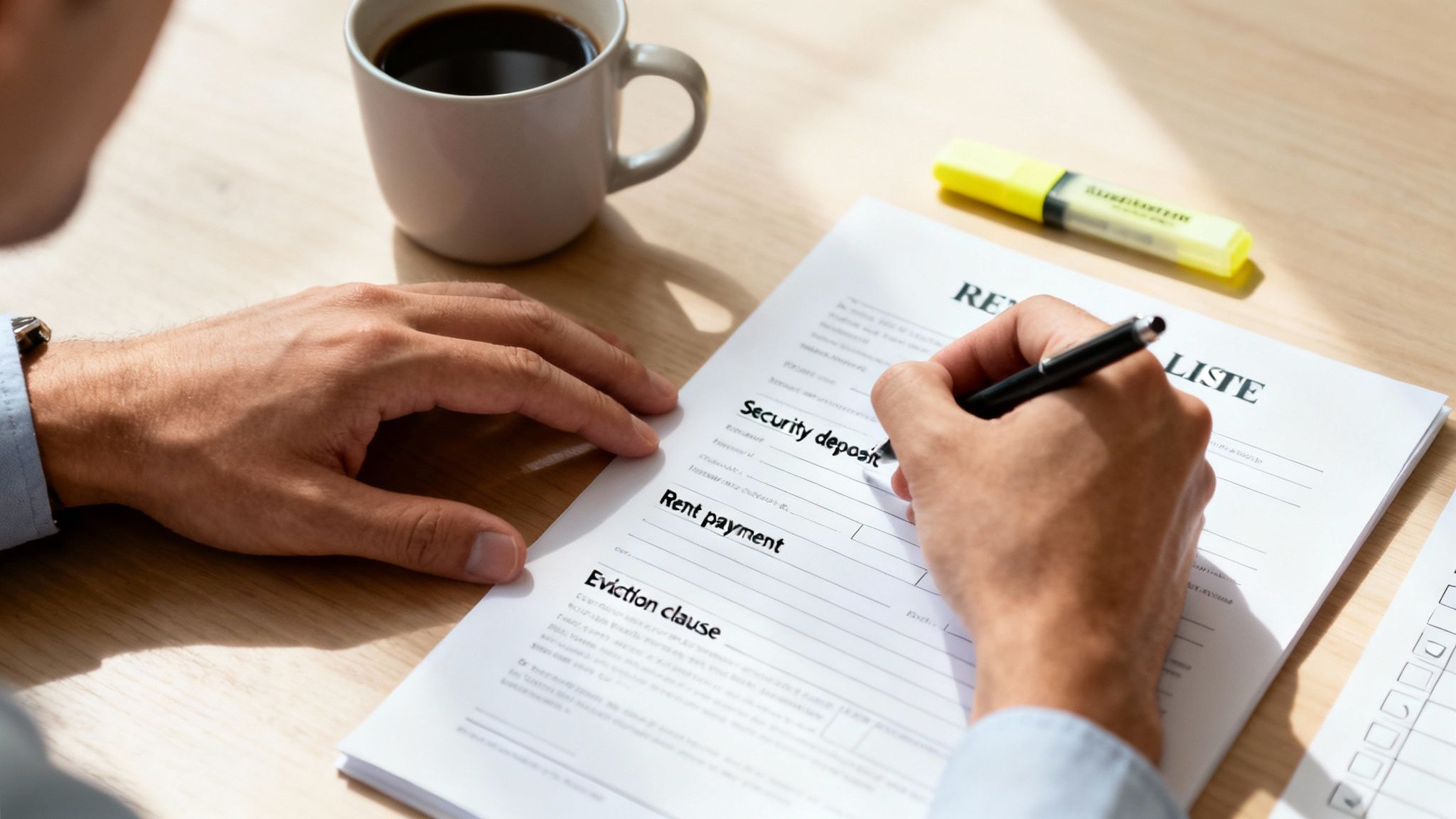 Person writes on a rental agreement document, detailing security deposit and rent payment, next to coffee and a highlighter.