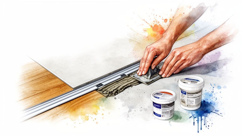 Hands applying tile adhesive next to a flooring transition strip with product tubs.