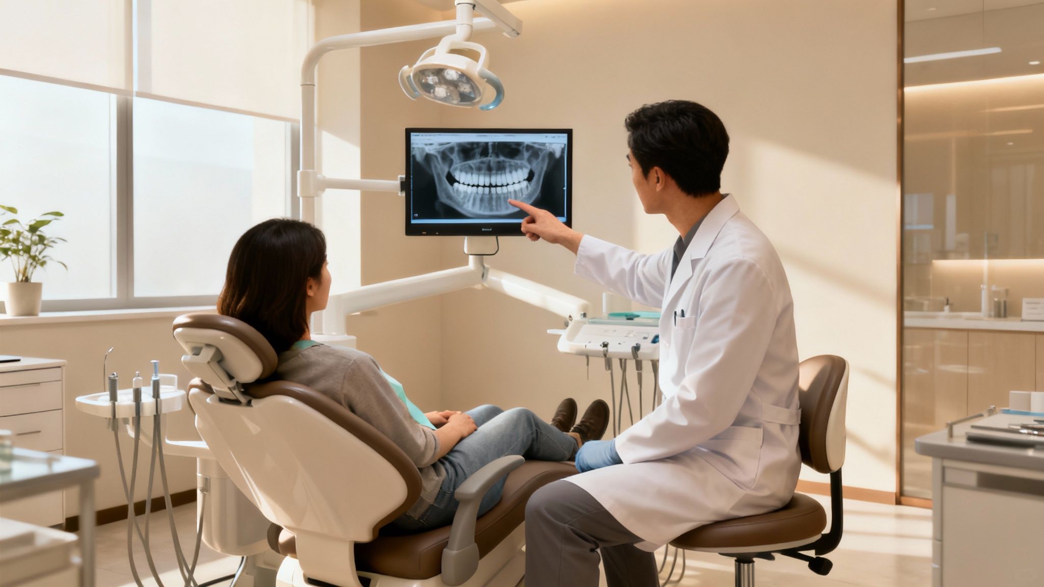 A male dentist explains a dental X-ray on a monitor to a female patient in a modern clinic.