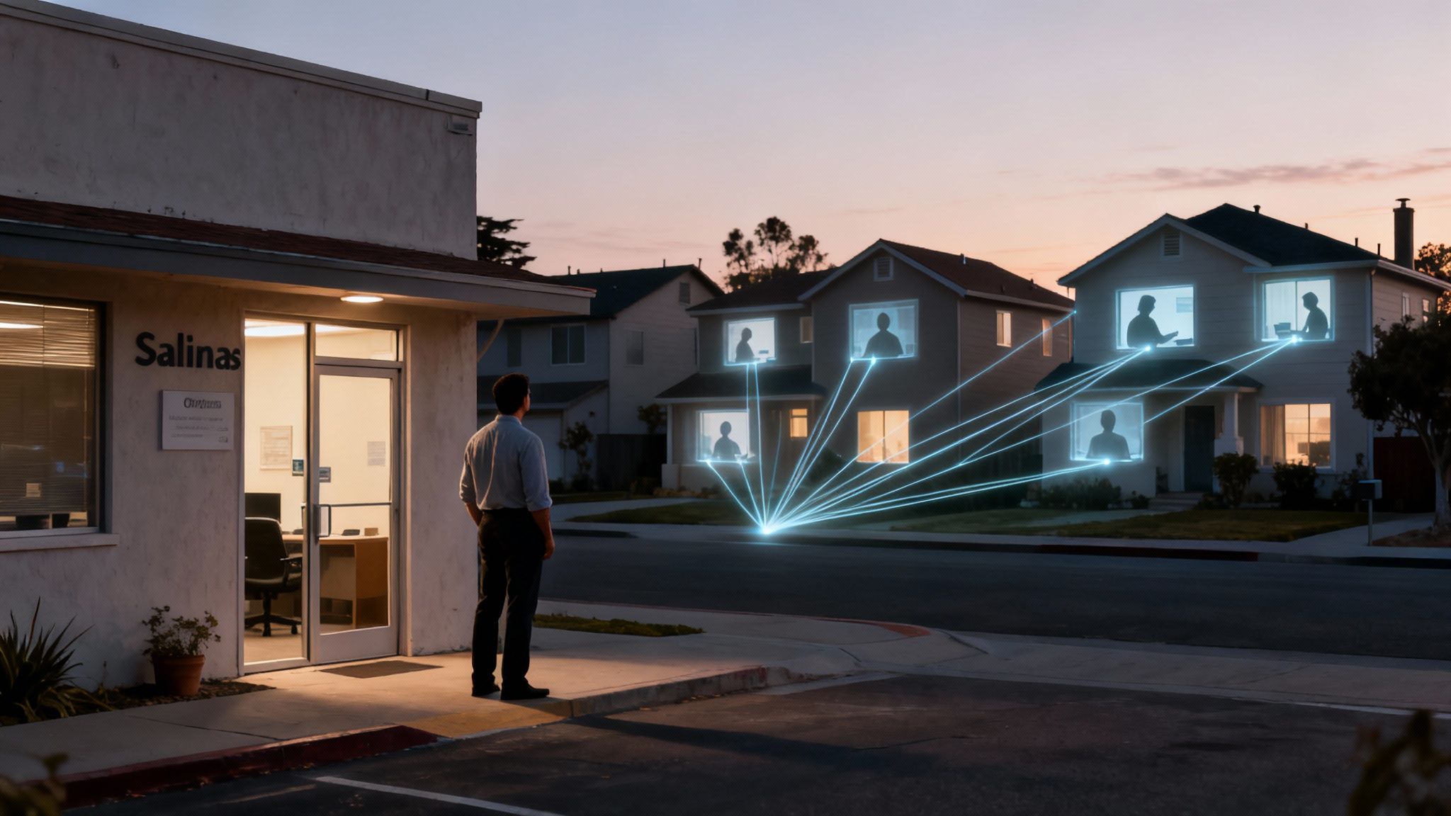 A man views homes showing glowing remote workers connected by digital light beams, symbolizing modern work.