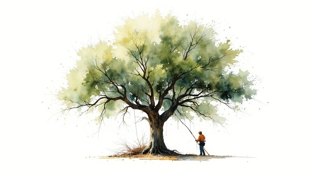 A watercolor painting depicts a person pruning a large, vibrant green tree on a white background.