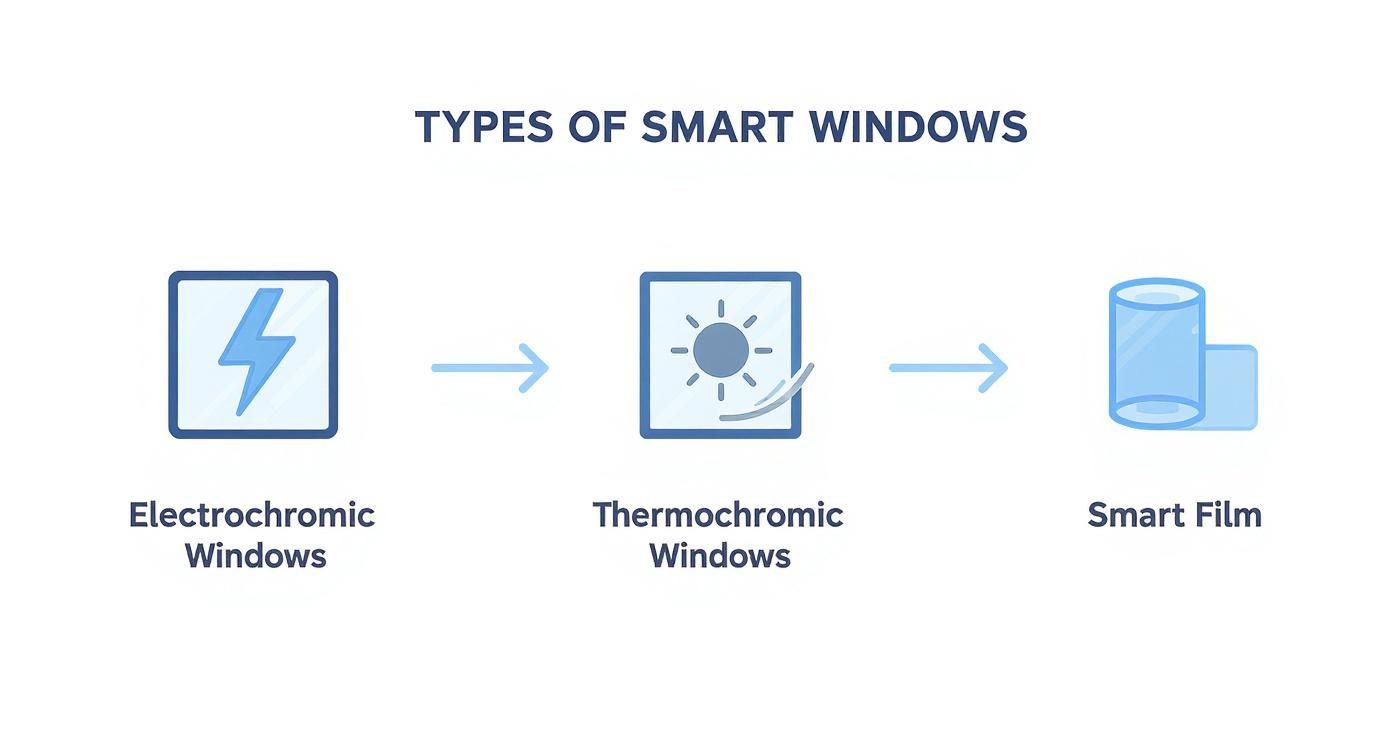 Infographic showing concept map of smart window types: Electrochromic with a lightning bolt, Thermochromic with a sun icon, and Smart Film with a film roll icon.