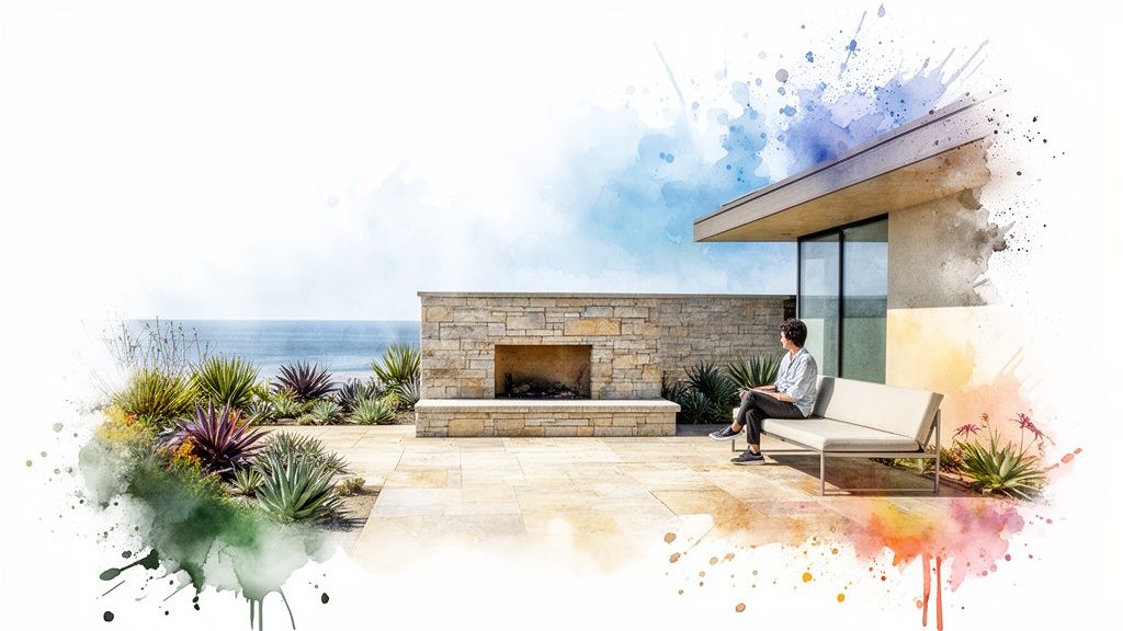 A person relaxing on a modern patio with a natural stone fireplace, ocean view, and lush succulents.