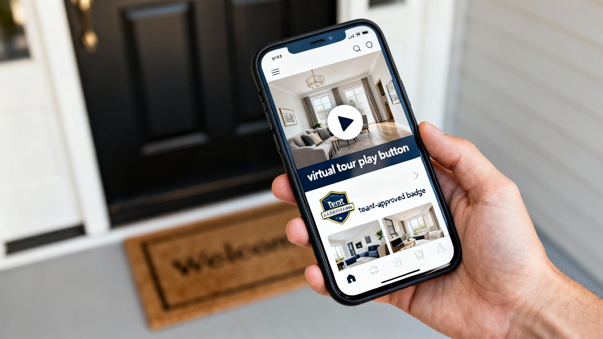 A hand holds a smartphone displaying a real estate app with a virtual tour and a team-approved badge.