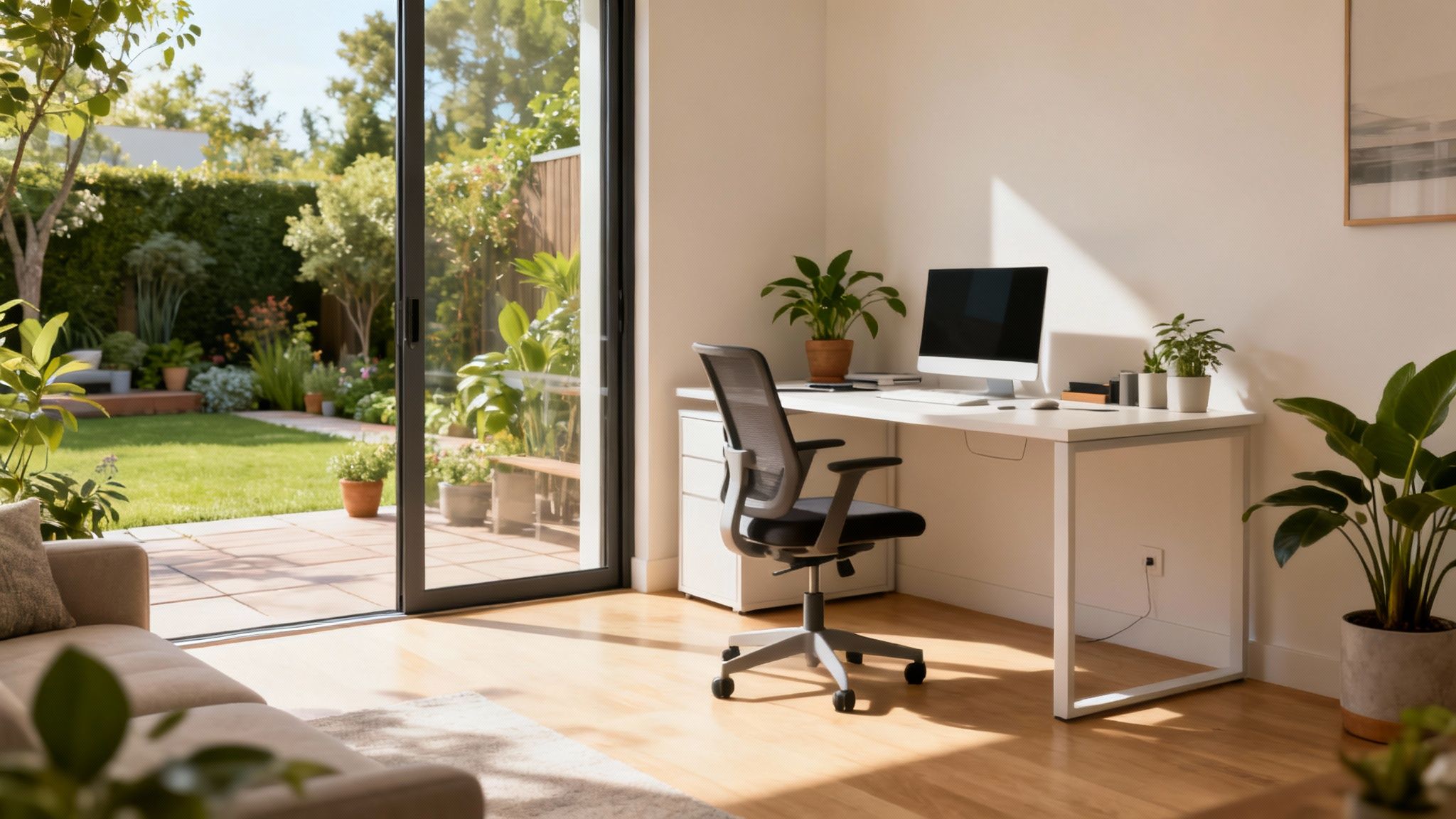 A family enjoys their spacious, renovated kitchen with large windows and natural light.