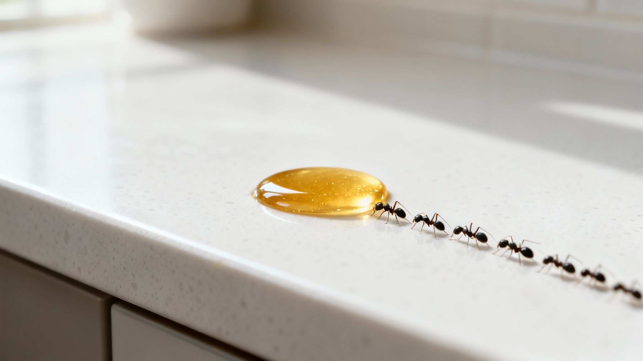 A close-up of ants swarming a piece of sugary candy.