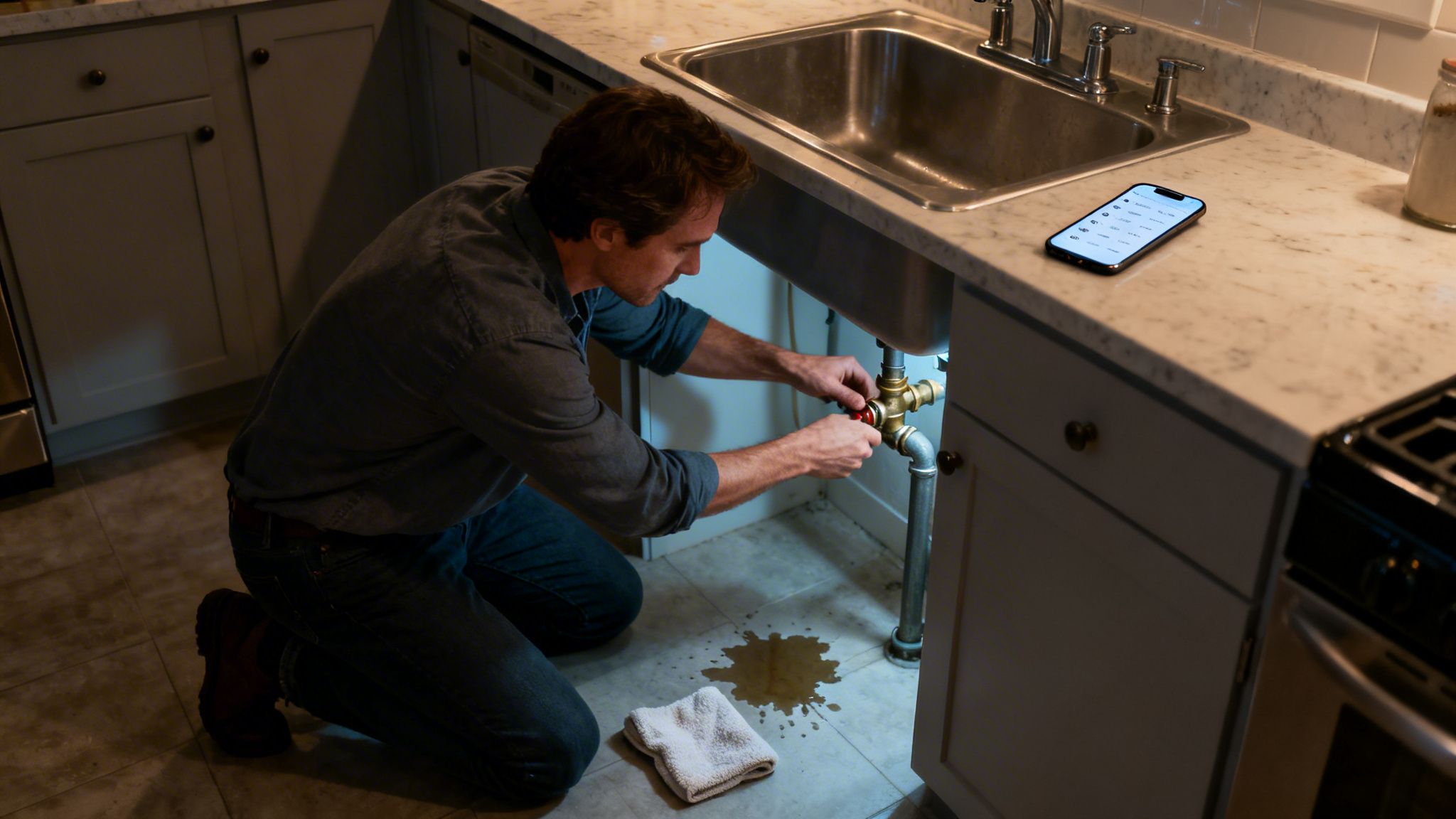 Man fixing a plumbing leak under a kitchen sink, with a smartphone on the counter.