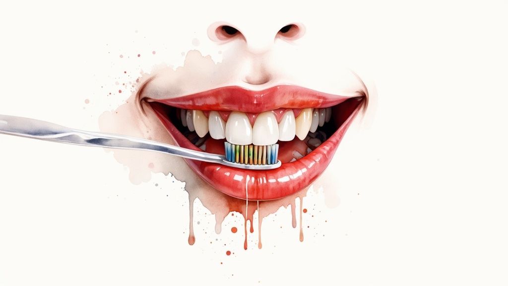 A vibrant watercolor painting of a smiling mouth brushing clean, white teeth with a colorful toothbrush.