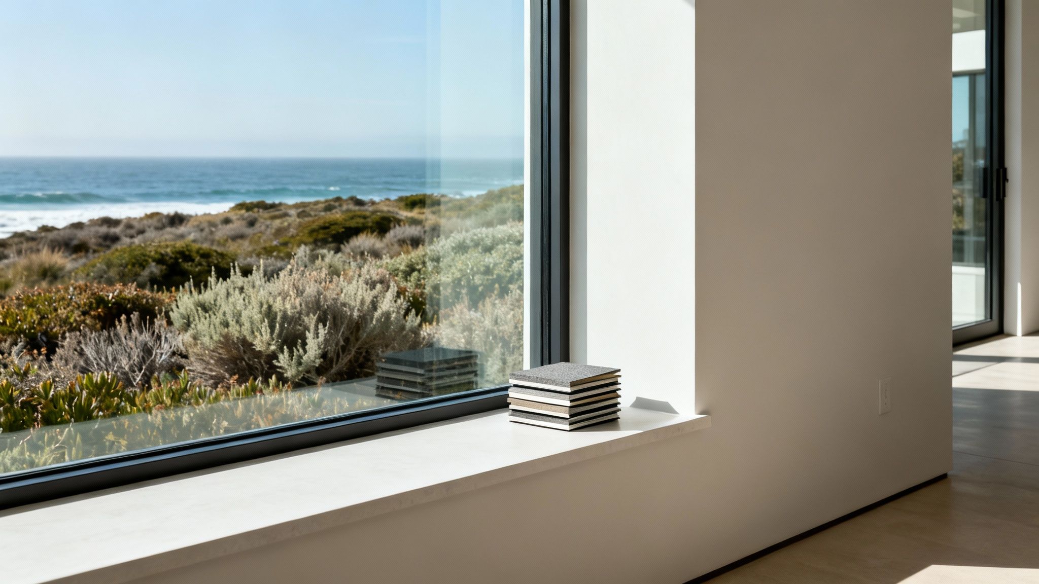 A modern home with large black-framed windows overlooking a coastal view, reflecting Monterey's style.