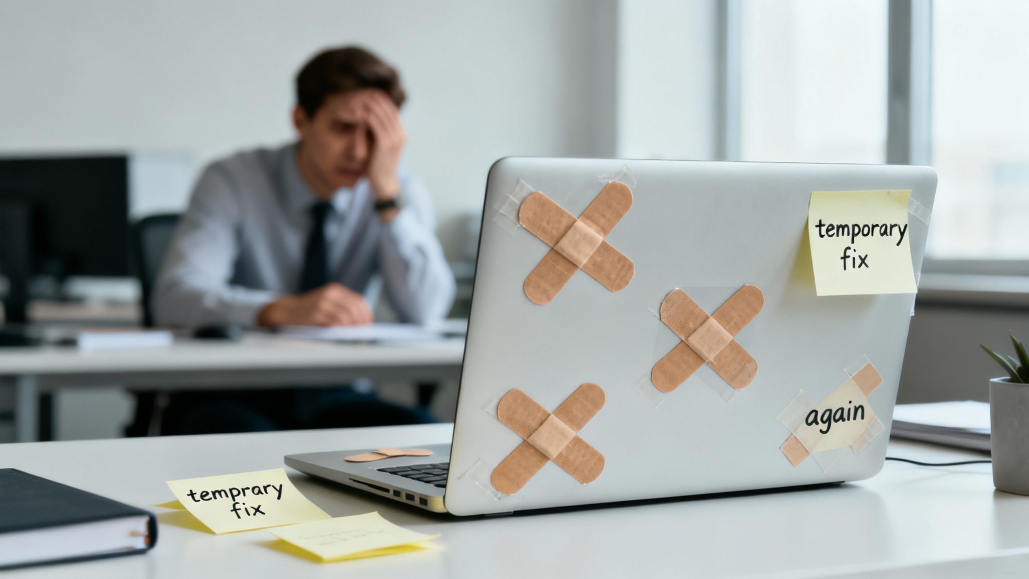 A frustrated businessman struggles with a broken laptop covered in 'temporary fix' sticky notes and band-aids, symbolizing recurring tech issues.