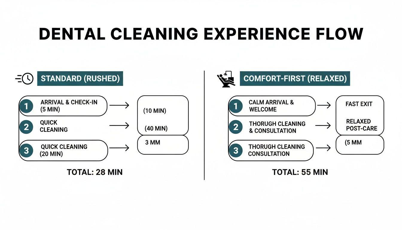 Flowchart comparing two dental cleaning experiences: standard (rushed) and comfort-first (relaxed), showing steps and durations.