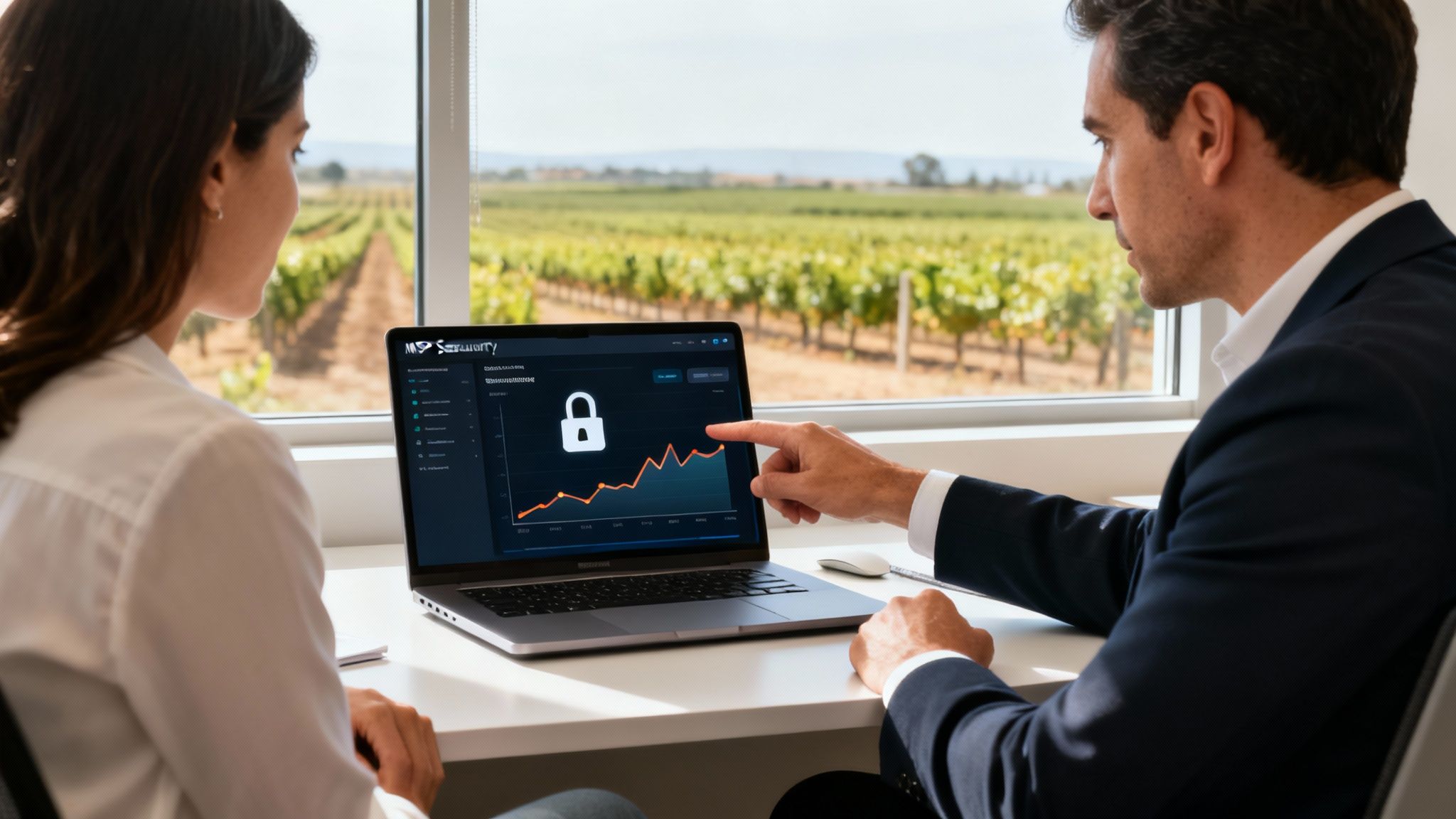 Two professionals review a security dashboard on a laptop, overlooking a sunny vineyard.