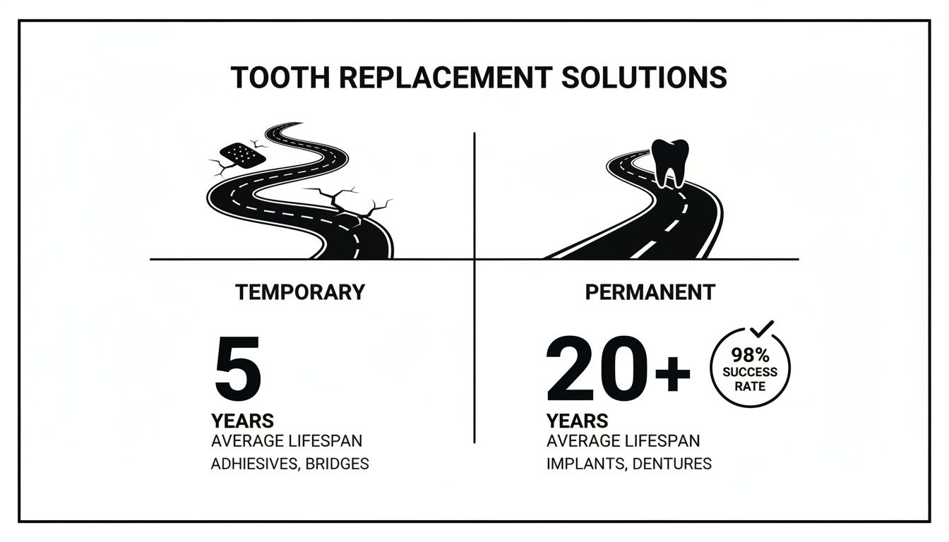Infographic comparing temporary (5 years) and permanent (20+ years) tooth replacement solutions, highlighting success rates.