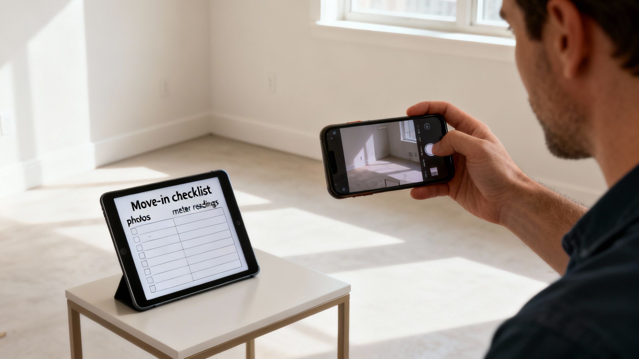 A person uses a smartphone to photograph an empty room, while a tablet shows a 'Move-in checklist'.